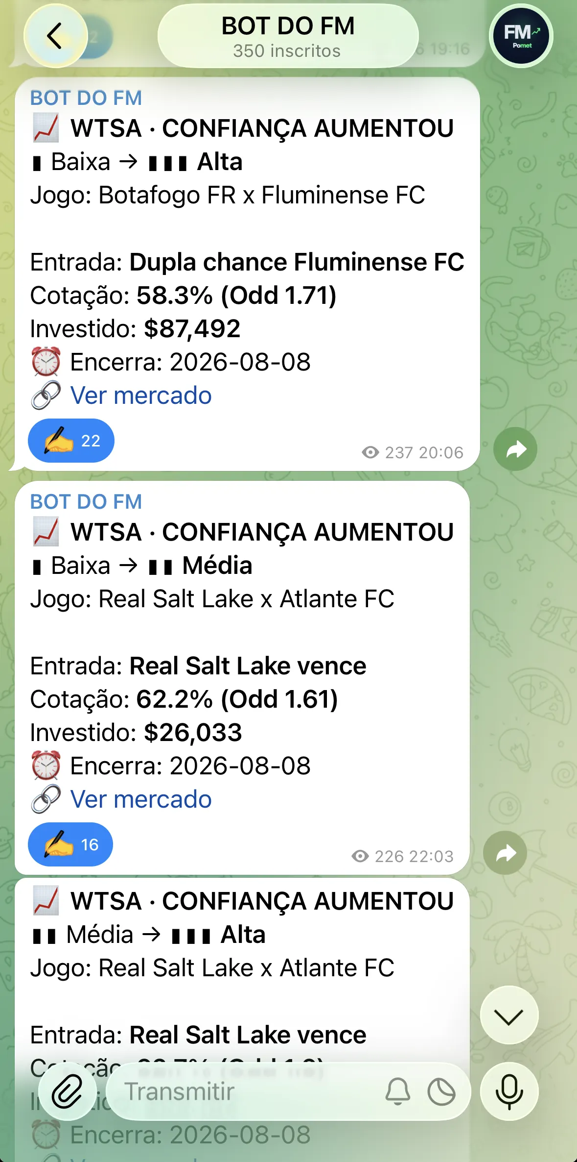 Alertas do Bot do FM chegando no Telegram em tempo real